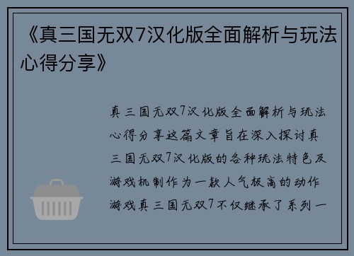 《真三国无双7汉化版全面解析与玩法心得分享》